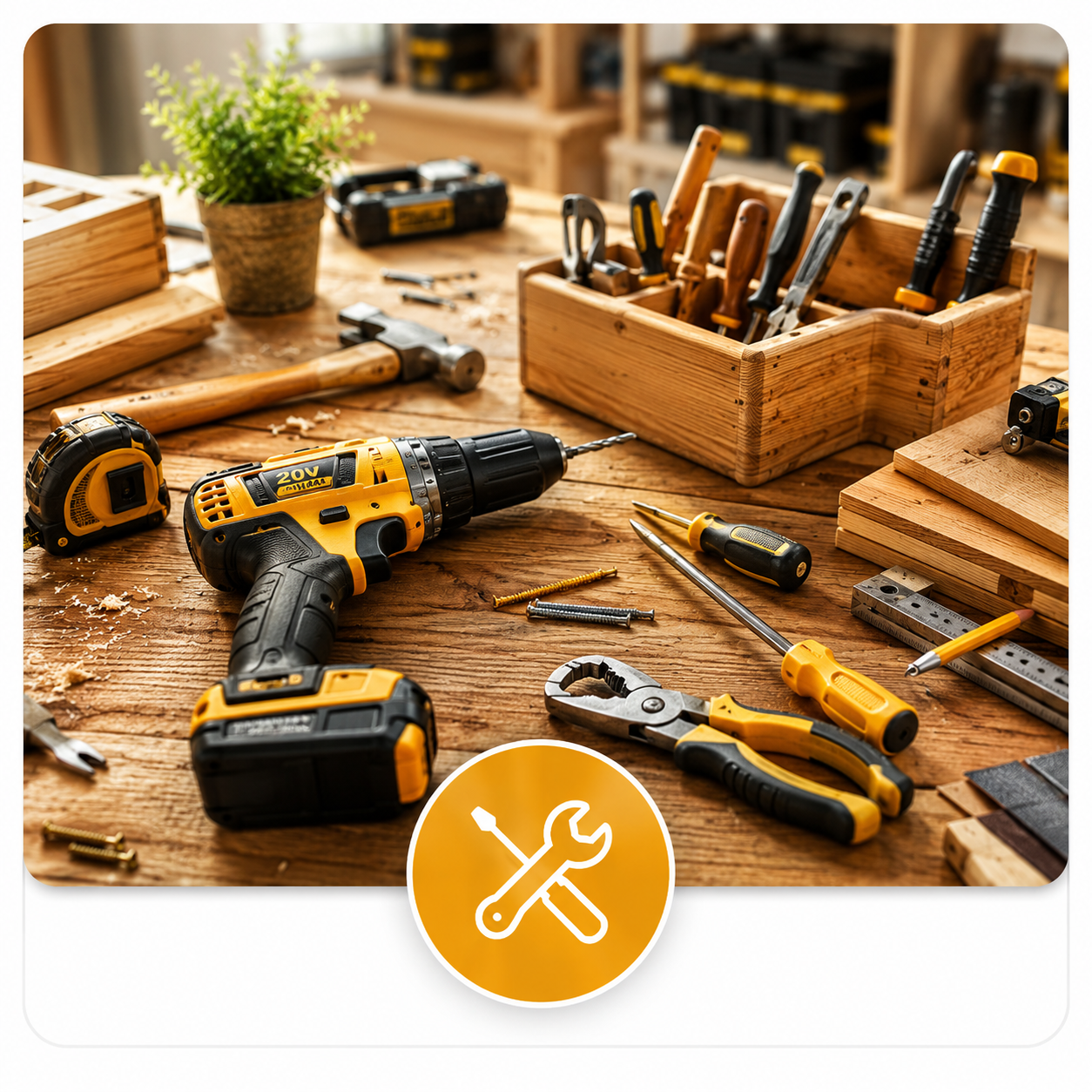 DIY woodworking tools and cordless drill on a professional workbench for home improvement projects