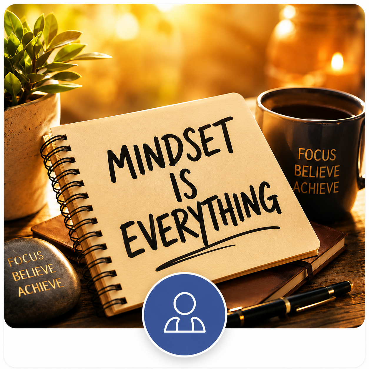 Inspirational mindset and self improvement notebook with motivational quote and peaceful workspace