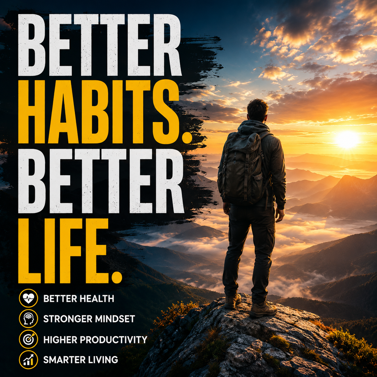 Motivational self improvement image with hiker overlooking mountains and better habits lifestyle message
