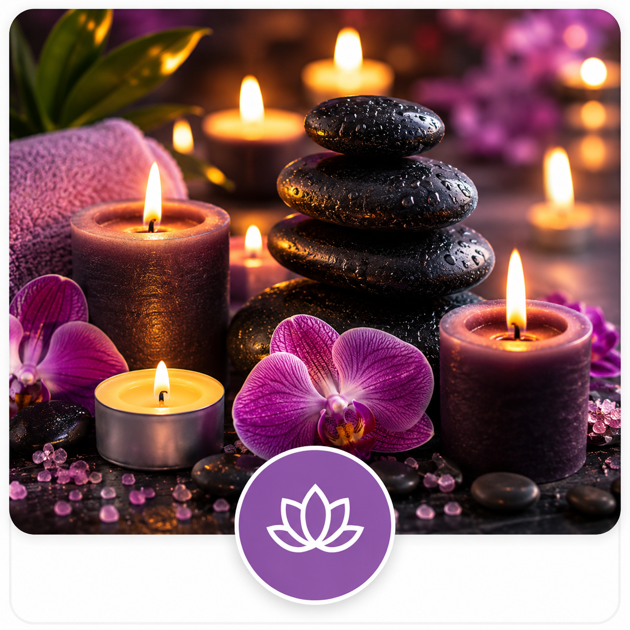 Relaxing spirituality and meditation scene with candles, spa stones and peaceful wellness atmosphere