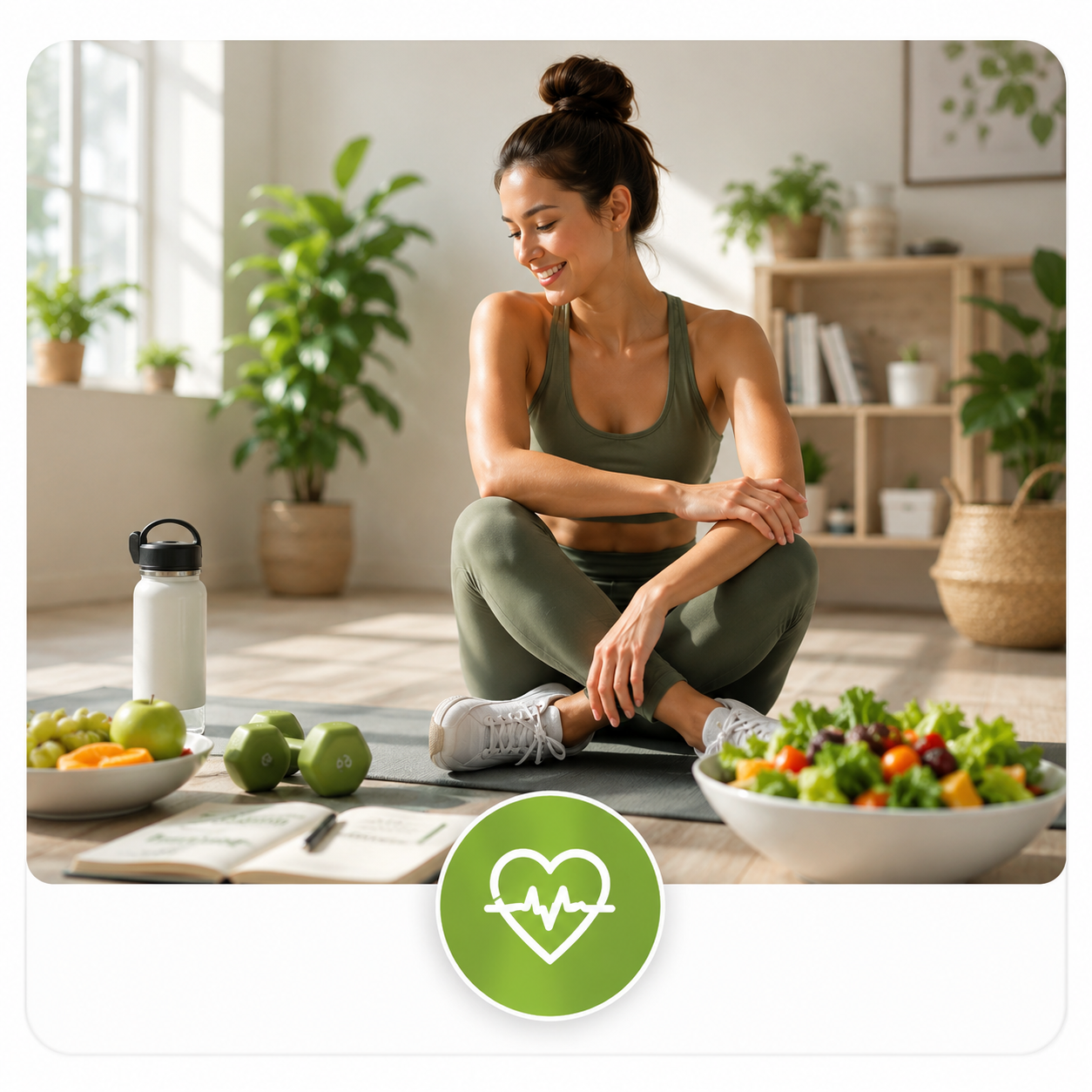 Woman relaxing after fitness workout with healthy food and wellness lifestyle in a bright modern home